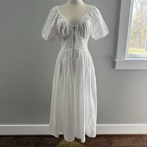 The Drop White Cotton Empire Waist Midi Dress Puff Sleeve Smocked NWT Small